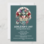 仮装の誕生日の女性ティール(緑がかった色)金ゴールドマスクを着て 招待状 (正面)