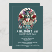 仮装の誕生日の女性ティール(緑がかった色)金ゴールドマスクを着て 招待状 (正面/裏面)