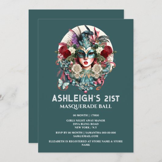 仮装の誕生日の女性ティール(緑がかった色)金ゴールドマスクを着て 招待状 (正面/裏面)
