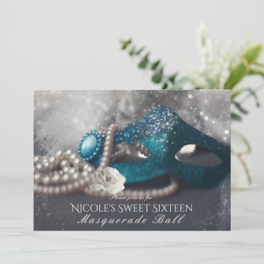 仮装エレガントマスクと真珠のパーティの招待状 招待状 (スタンド正面)