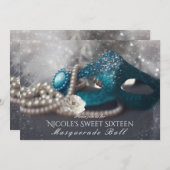 仮装エレガントマスクと真珠のパーティの招待状 招待状 (正面/裏面)