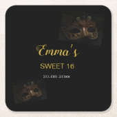 仮装エレガント金ゴールドブラックスウィート16誕生日 スクエアペーパーコースター (正面)