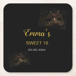 仮装エレガント金ゴールドブラックスウィート16誕生日 スクエアペーパーコースター