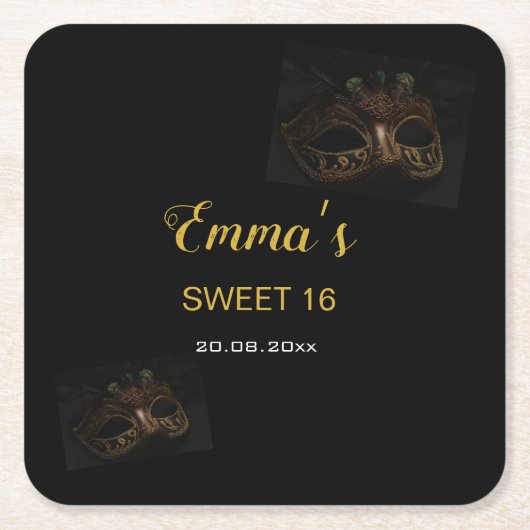 仮装エレガント金ゴールドブラックスウィート16誕生日 スクエアペーパーコースター (正面)