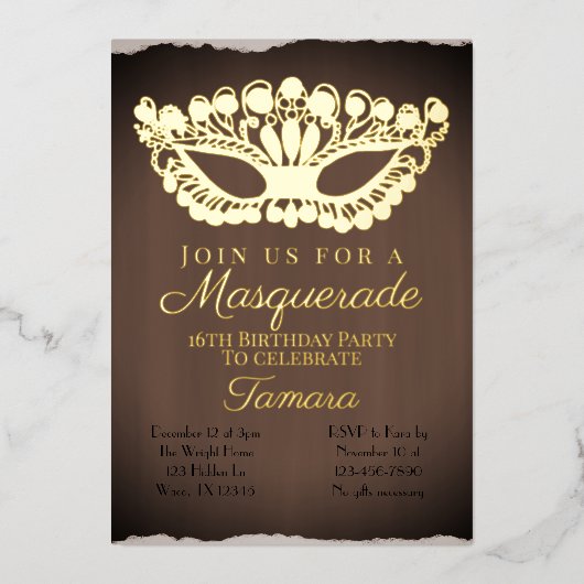 仮装エレガント16番目の誕生日 箔招待状 (正面)