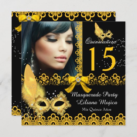 仮装キンセアニェラパーティーイエロー金ゴールドレース 招待状 (正面/裏面)