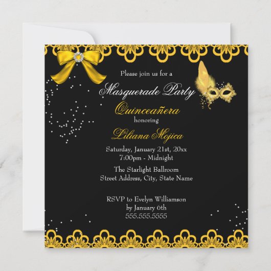 仮装キンセアニェラパーティーイエロー金ゴールドレース 招待状 (裏面)
