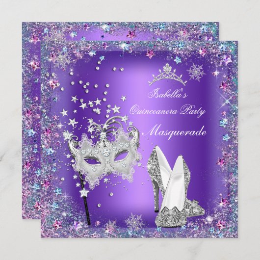 仮装キンセアニェラパーティーマスクパープルティアラ 招待状 (正面/裏面)