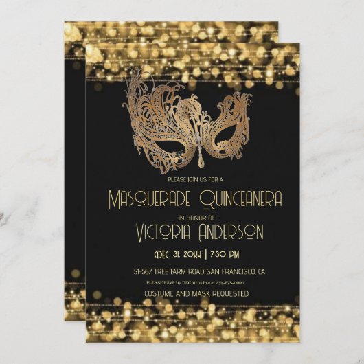 仮装キンセアニェラパーティー誕生日金ゴールドブラック 招待状 (正面/裏面)