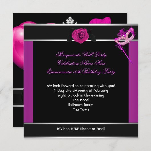 仮装キンセアニェラ誕生日パーティーピンク 招待状 (正面/裏面)