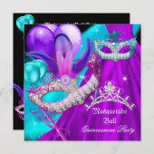 仮装キンセアニェラ15パーティーマスクティール（緑がかった色）紫 招待状 (正面/裏面)