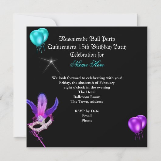 仮装キンセアニェラ15パーティーマスクティール（緑がかった色）紫 招待状 (裏面)