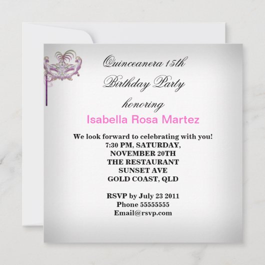 仮装キンセアニェラ15ピンクバースデーパーティー 招待状 (裏面)