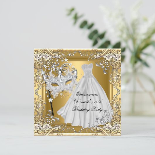 仮装キンセアニェラ15番誕生日マスク金ゴールド2 招待状 (スタンド正面)
