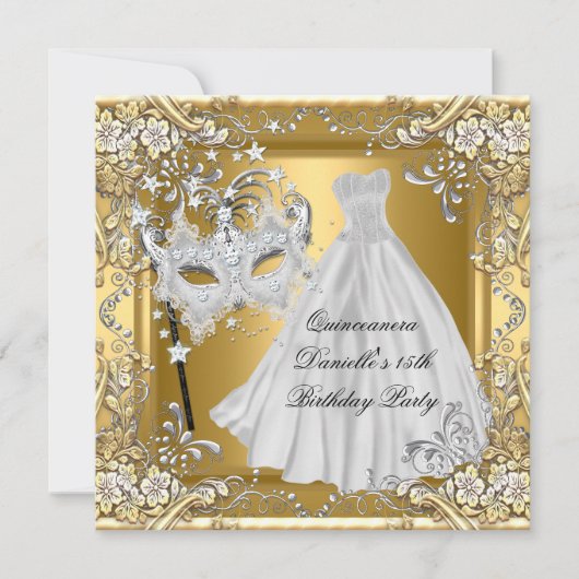 仮装キンセアニェラ15番誕生日マスク金ゴールド2 招待状 (正面)