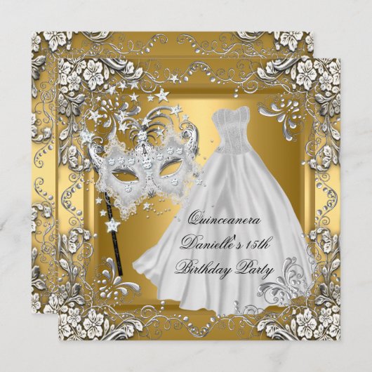 仮装キンセアニェラ15番誕生日マスク金ゴールド 招待状 (正面/裏面)