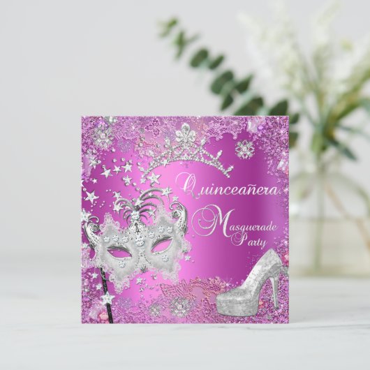 仮装キンセアニェラ15thパーティーピンクティアラ靴 招待状 (スタンド正面)