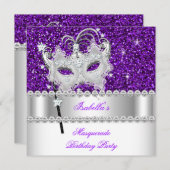 仮装グリッターパープルダイヤモンドマスク誕生日 招待状 (正面/裏面)