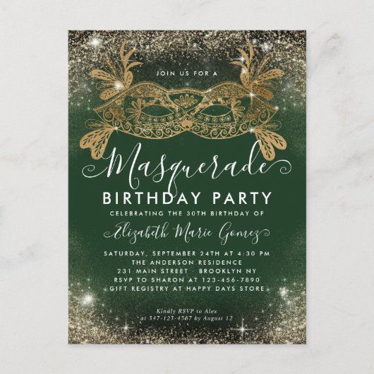 仮装グリーン金ゴールドグリッターダストバースデーパーティー ポストカード (正面)