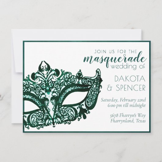 仮装グリーン |ダークエメラルドマーディグラ結婚ス 招待状 (正面)