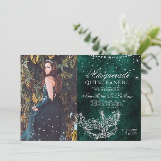 仮装シルバーグリッターグリーンキンセアニェラ写真 招待状 (スタンド正面)