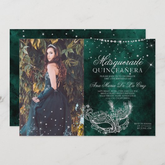 仮装シルバーグリッターグリーンキンセアニェラ写真 招待状 (正面/裏面)