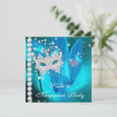 仮装スイート16ティール(緑がかった色)ブラックフェザーマスク2 招待状 (スタンド正面)