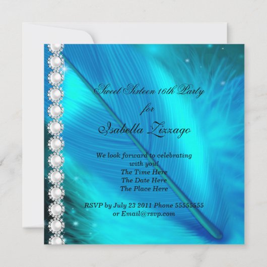 仮装スイート16ティール（緑がかった色）ブラックフェザーマスク2 招待状 (裏面)