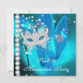 仮装スイート16ティール(緑がかった色)ブラックフェザーマスク2 招待状 (正面)