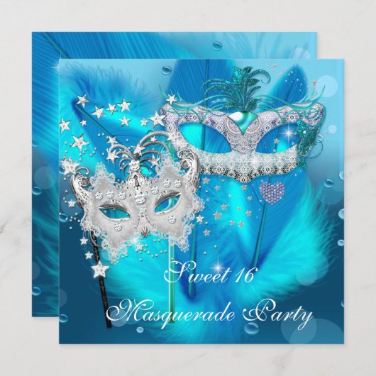 仮装スイート16ティール(緑がかった色)ブルーフェザーマスク3 招待状 (正面/裏面)