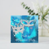 仮装スイート16ティール(緑がかった色)ブルーフェザーマスク3 招待状 (スタンド正面)