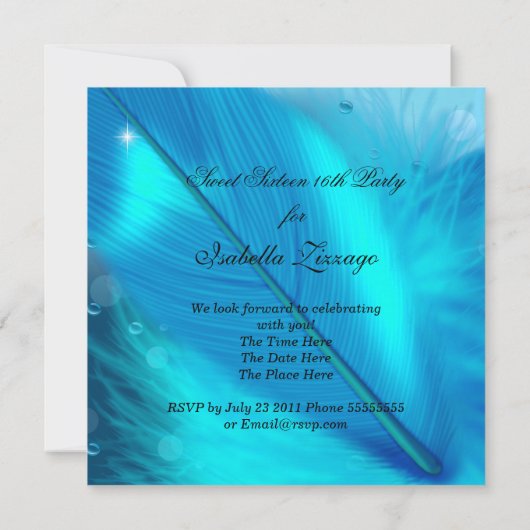 仮装スイート16ティール（緑がかった色）ブルーフェザーマスク3 招待状 (裏面)