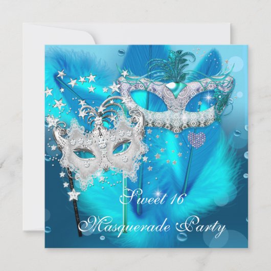 仮装スイート16ティール（緑がかった色）ブルーフェザーマスク3 招待状 (正面)