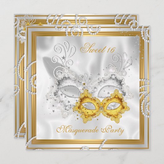 仮装スイート16パーティーマスクシルバー金ゴールド2 招待状 (正面/裏面)