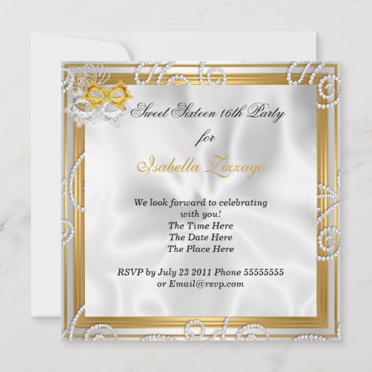 仮装スイート16パーティーマスクシルバー金ゴールド2 招待状 (裏面)