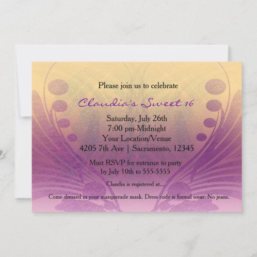 仮装スウィート16の16の16のパーティーマスク招待状 招待状 (裏面)