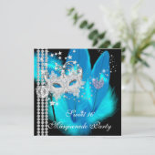 仮装スウィート16ティール(緑がかった色)ブラックフェザーマスク 招待状 (スタンド正面)