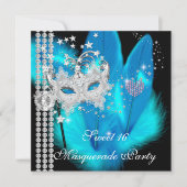 仮装スウィート16ティール(緑がかった色)ブラックフェザーマスク 招待状 (正面)