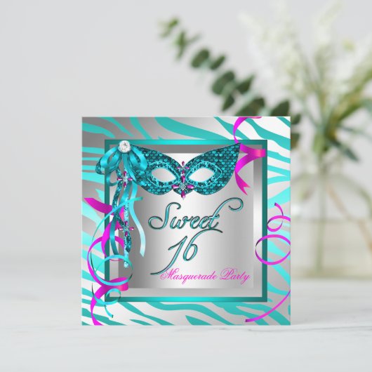 仮装スウィート16ティール(緑がかった色)ブルーゼブラ 招待状 (スタンド正面)