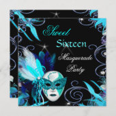 仮装スウィート16 16ティール(緑がかった色)ブルーマスクパーティー 招待状 (正面/裏面)