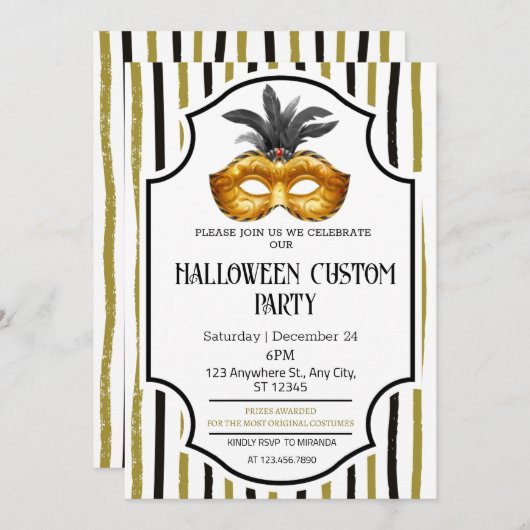 仮装ストライプのハロウィーンの衣装パーティー 招待状 (正面/裏面)