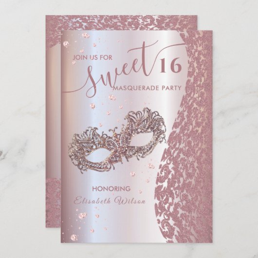 仮装ダイヤモンドダマスクバラ金ゴールドスウィート16 招待状 (正面/裏面)