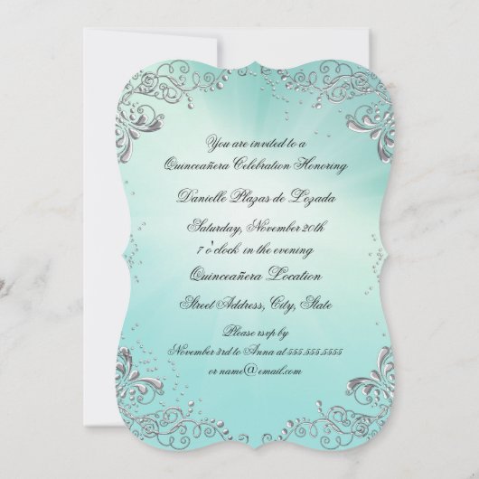 仮装ティール（緑がかった色）シルバーキンセアニェラ誕生日招待状 招待状 (裏面)
