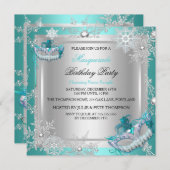 仮装ティール(緑がかった色)ブルーシルバースノーフレークマスクパーティー 招待状 (正面/裏面)
