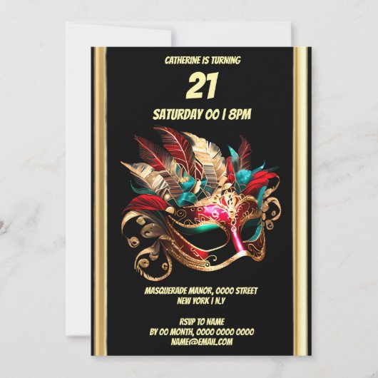 仮装テーマカーニバルブルー金ゴールドティール（緑がかった色）マスク 招待状 (正面)