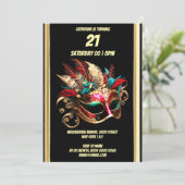 仮装テーマカーニバルブルー金ゴールドティール(緑がかった色)マスク 招待状 (スタンド正面)