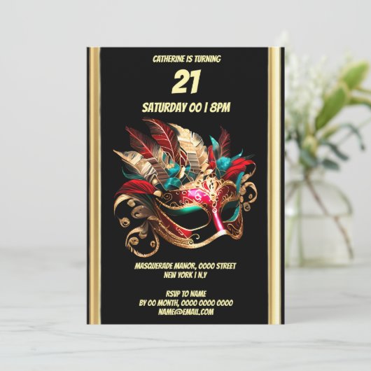 仮装テーマカーニバルブルー金ゴールドティール（緑がかった色）マスク 招待状 (スタンド正面)