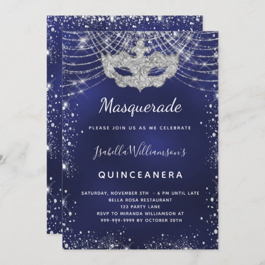 仮装ネイビーブルーシルバーキンセアニェラパーティー 招待状 (正面/裏面)