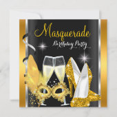 仮装ハイヒール金ゴールドブラックシャンパーニュパーティー2d 招待状 (正面)