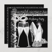 仮装ハイヒール銀色ブラックシャンパーニュパーティー 招待状 (正面/裏面)
